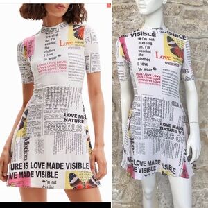 Super Cute Desigual Newspaper Print Skater Dress Fit and Flare Short Sleeve S/M